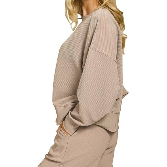 Zenana Ribbed Round Neck Pullover and Shorts Set - Picture 2 of 3